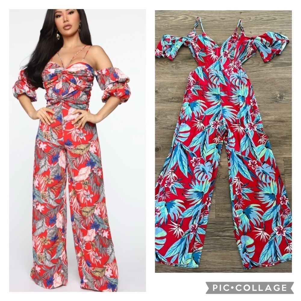 Fashion Nova Tropical Cold Shoulder Tie Back Jumpsuit Medium